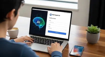 Pessoa cria conta no PDF Expert AI em notebook sobre a mesa.