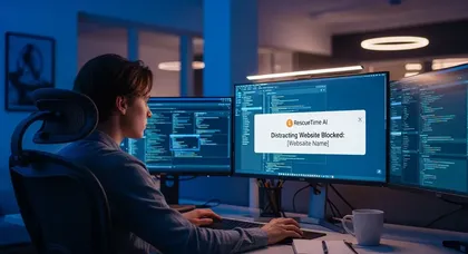 Desenvolvedor com alerta de site bloqueado no RescueTime AI.