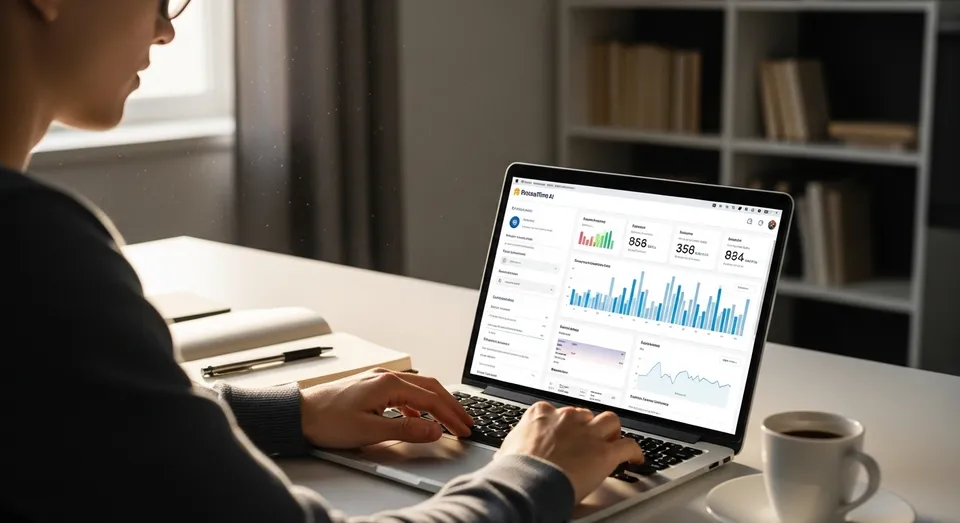 Profissional analisa relatórios de produtividade no notebook.