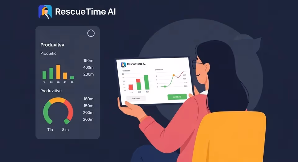 Ilustração RescueTime AI mostrando gráficos de produtividade.