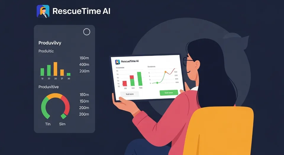 Ilustração RescueTime AI mostrando gráficos de produtividade.