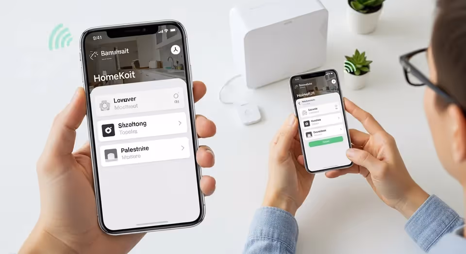 Aplicativo HomeKoit exibido em dois smartphones sobre mesa.
