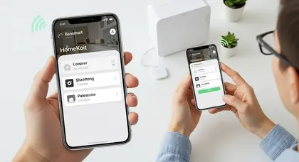 Controle de casa inteligente HomeKoit exibido em dois celulares.