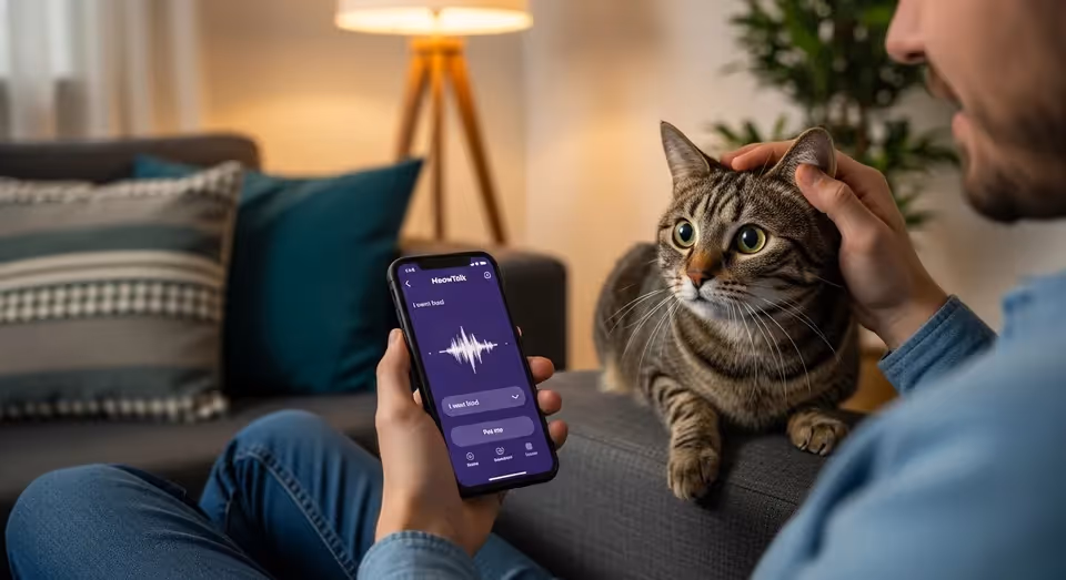Homem acaricia gato enquanto usa aplicativo de tradução de miado