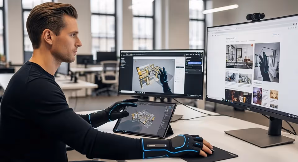 Profissional usa luvas inteligentes em projeto com interface 3D