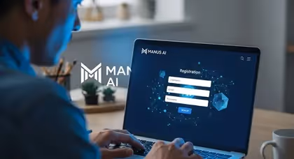 Usuário preenche cadastro no site Manus AI em notebook moderno