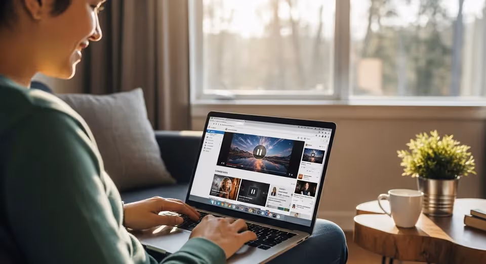 Mulher assiste vídeo online em notebook com interface moderna