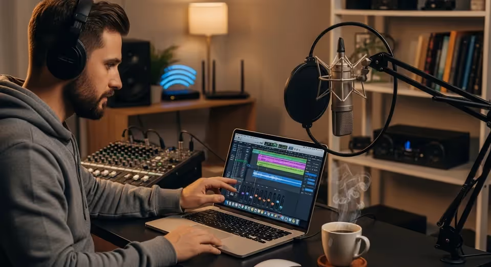 Homem grava e edita áudio profissional em estúdio com notebook
