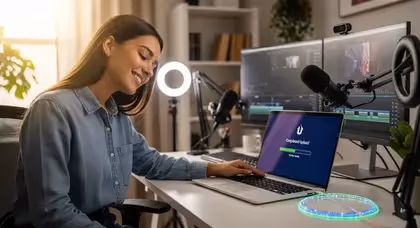 Criadora de conteúdo finaliza upload de vídeo com sucesso