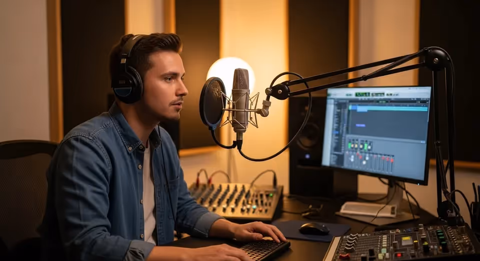 Produtor de áudio trabalha em home studio com notebook e café