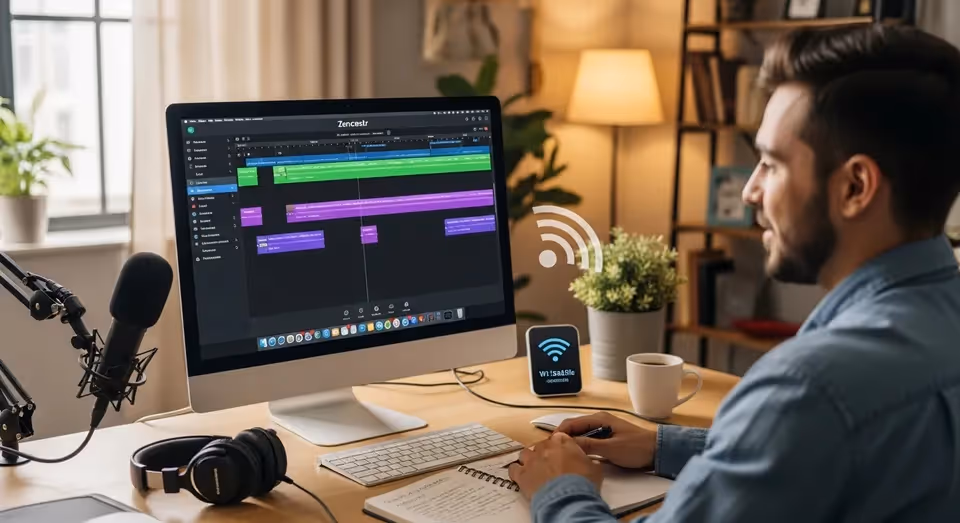 Homem grava podcast profissional com microfone e computador