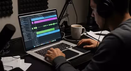 Profissional edita trilhas sonoras em estúdio com computador