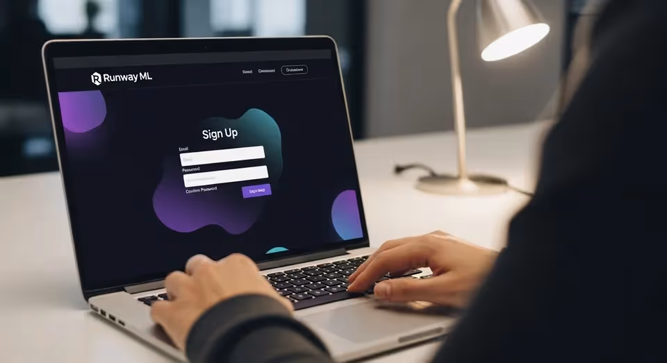 Pessoa realiza cadastro na plataforma Runway ML em laptop