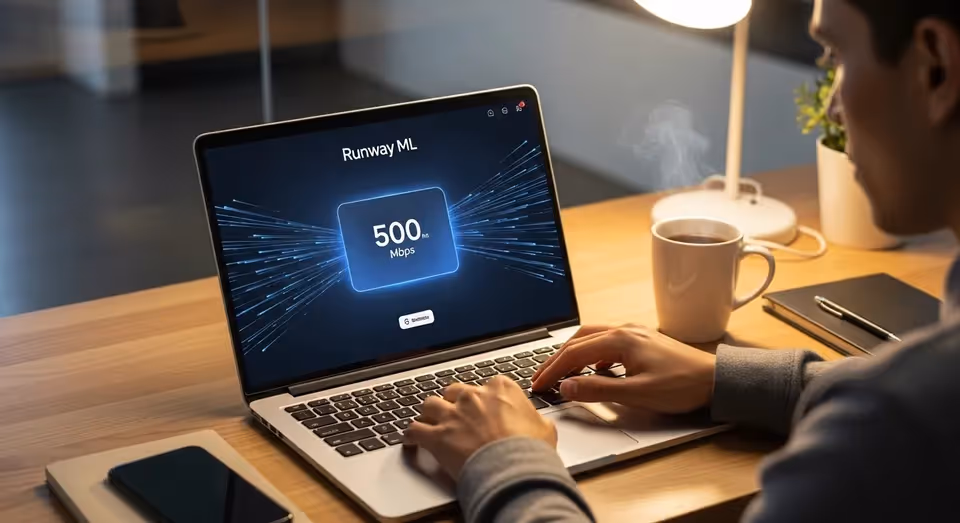 Homem testa velocidade de conexão Runway ML em notebook