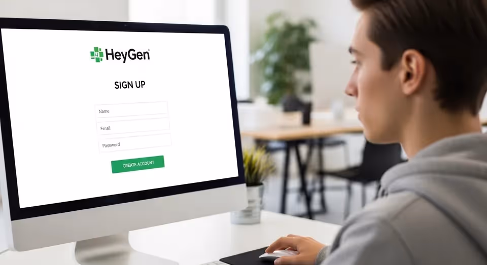 Jovem acessa tela de cadastro HeyGen em computador moderno