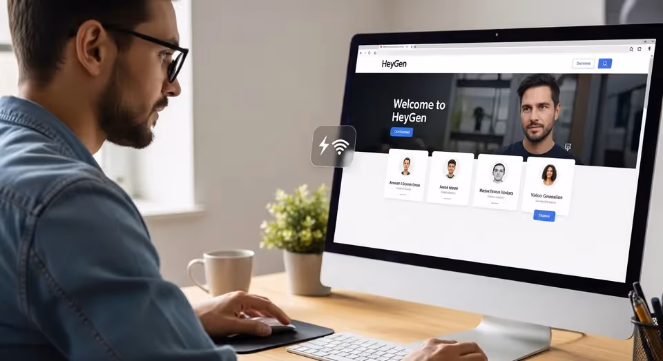 Profissional acessa site HeyGen com perfil digital na tela