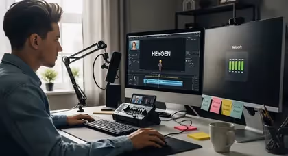 Criador de conteúdo trabalha com HeyGen em setup completo