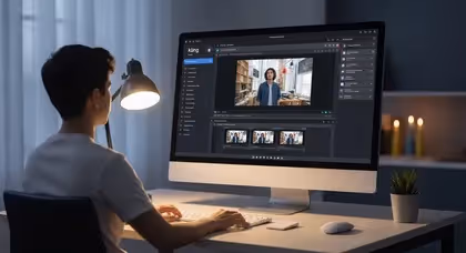 Jovem trabalha no Kling AI editando vídeos em tela grande