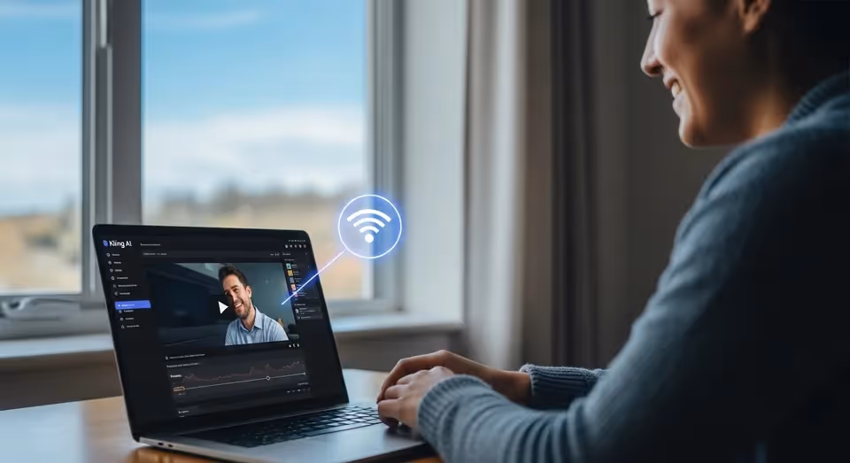 Mulher sorri enquanto usa Kling AI em notebook junto à janela