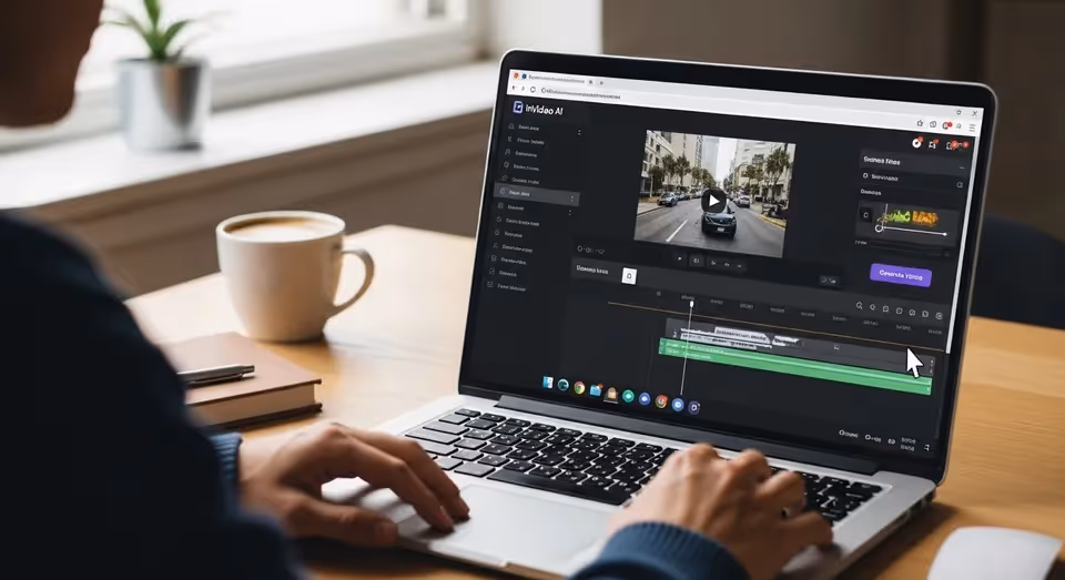 Usuário edita vídeo urbano no InVideo AI em notebook