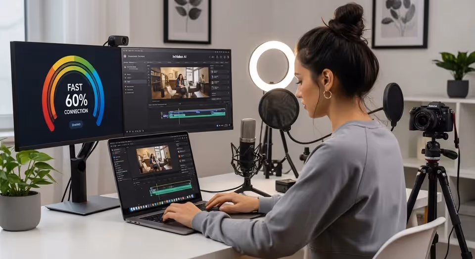 Criadora edita vídeos no InVideo AI em setup com dois monitores