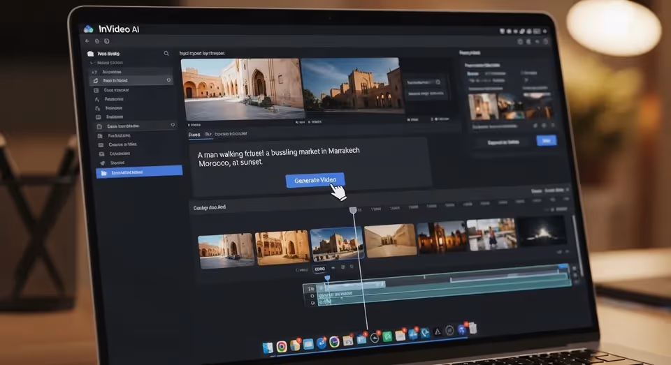 Tela do InVideo AI mostra projeto com cenas de Marrakech