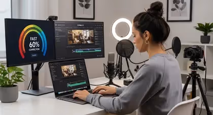 Mulher produz vídeo no InVideo AI usando notebook e ring light