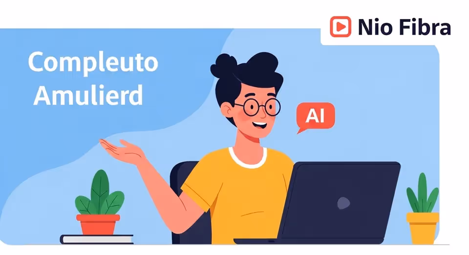 Ilustração de pessoa usando IA no laptop com Nio Fibra