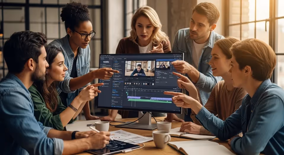 Equipe colabora apontando ideias em edição Veed.io na tela