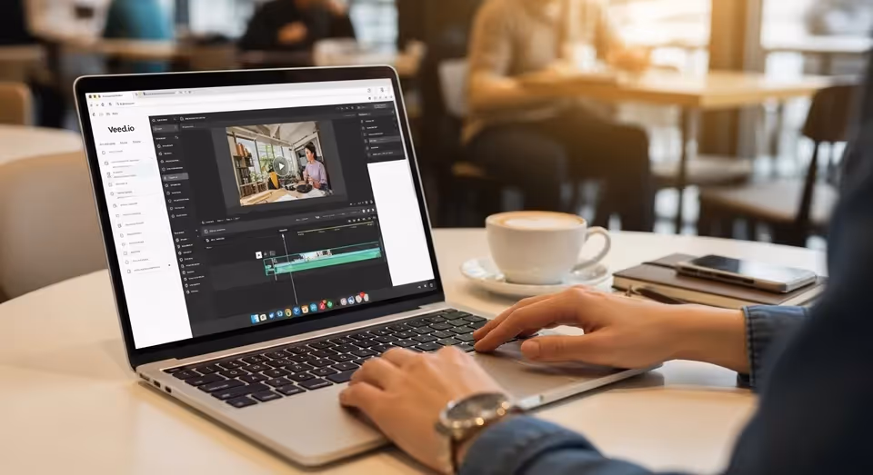 Usuário edita vídeo no Veed.io em notebook em cafeteria