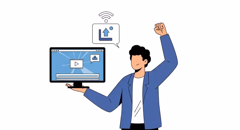 Ilustração mostra usuário animado enviando vídeos online