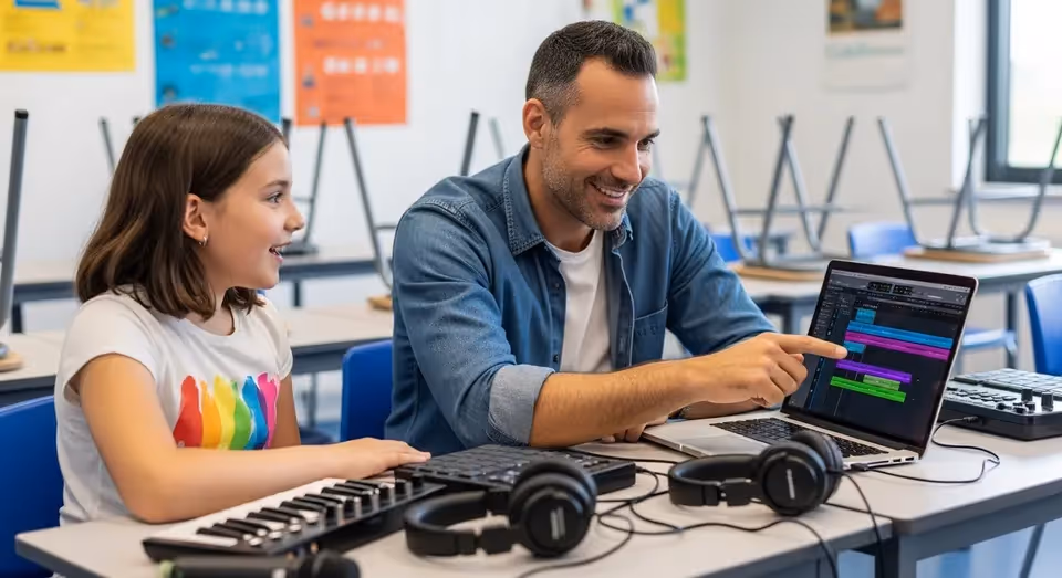 Professor e aluna criando música digital em notebook escolar