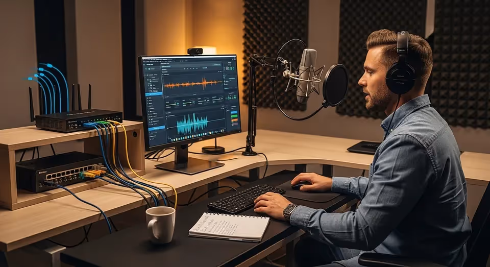 Locutor grava voz em estúdio profissional usando microfone e fones