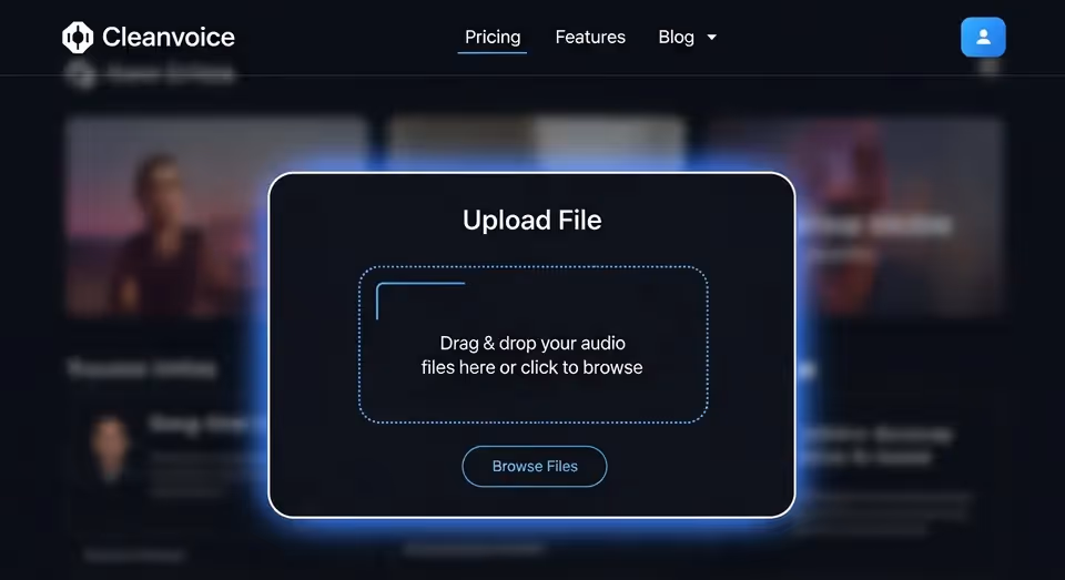Tela Cleanvoice exibindo opção para enviar arquivo de áudio online