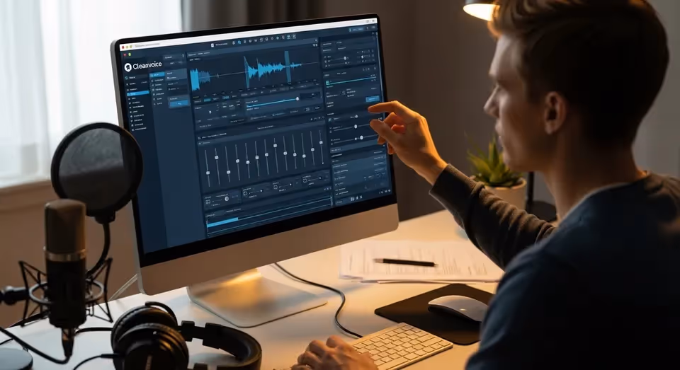 Homem ajusta efeitos de áudio no Cleanvoice usando computador iMac