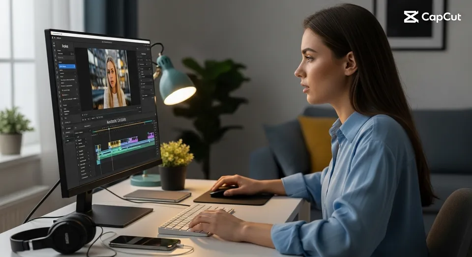 Mulher editando vídeo no CapCut usando monitor grande em mesa clara