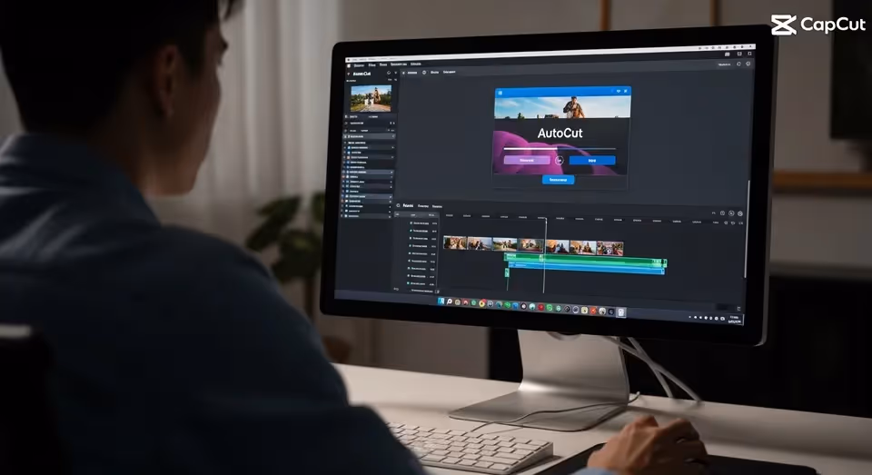 Usuário utiliza CapCut no desktop com função AutoCut aberta na tela