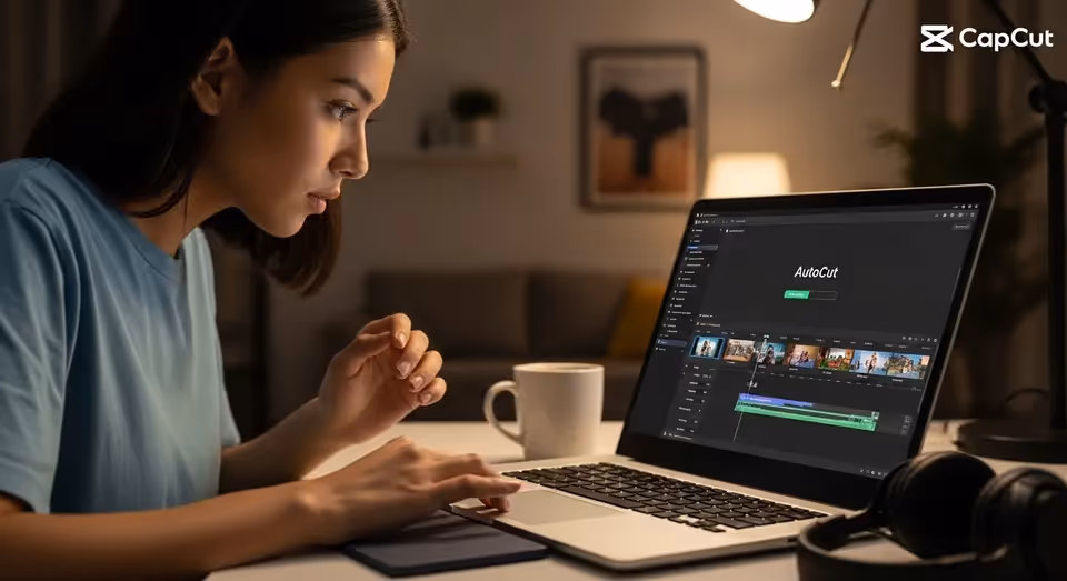 Jovem editando vídeo no CapCut em notebook com recurso AutoCut