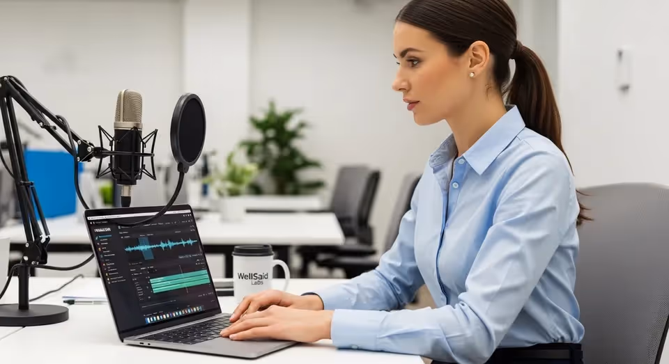 Mulher trabalhando em edição de áudio no notebook com microfone pro