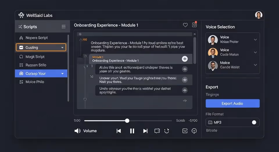 Interface de software exibindo scripts e seleção de vozes em áudio