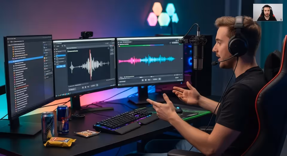 Setup streamer com microfone e monitores editando ondas de áudio