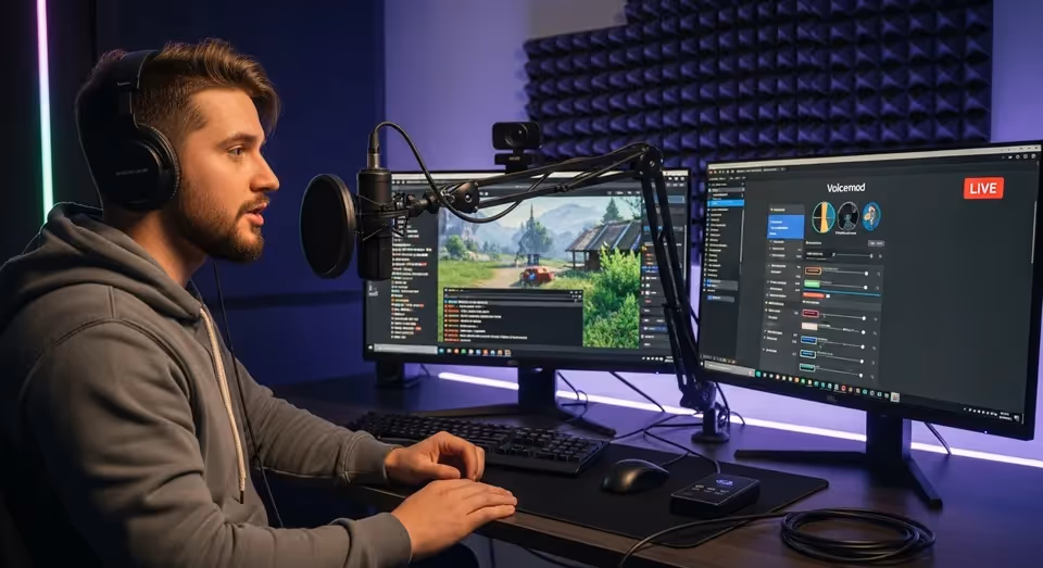 Criador grava voz em estúdio gamer usando microfone profissional