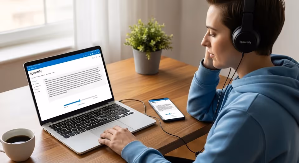 Usuária escuta texto no speechify usando laptop e celular na mesa