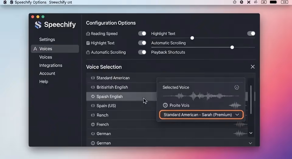 Tela do speechify exibindo seleção de vozes e opções de leitura
