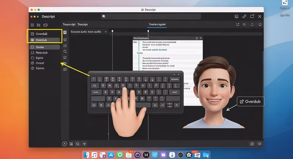 tela do descript mostrando overdub com avatar animado e teclado