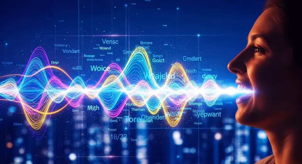 mulher emitindo ondas de voz coloridas com efeitos digitais ia