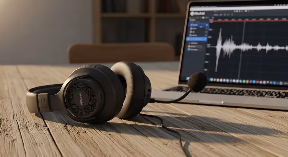 fone com microfone sobre mesa e notebook exibindo onda de áudio