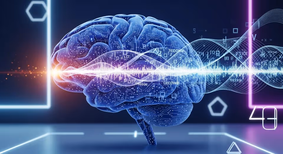ilustração de cérebro digital com ondas sonoras e tecnologia avançada
