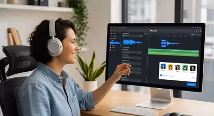 Mulher editando áudio em software profissional usando fones modernos