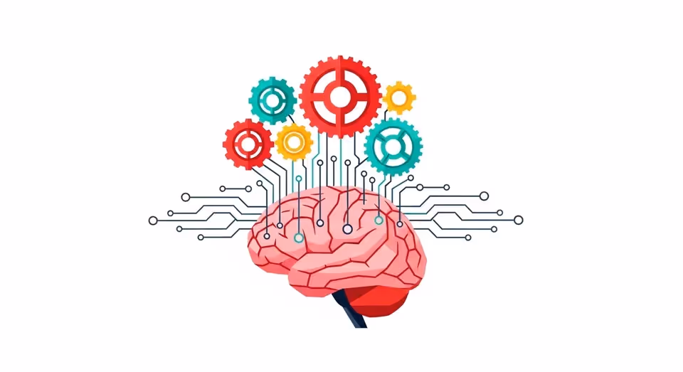 cérebro conectado a engrenagens coloridas simbolizando tecnologia